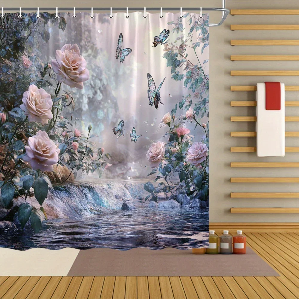 

YX1pc Enchanted Garden Shower Curtain - Pink Roses & Butterflies, Durable Polyester, Machine Washable, 70x70", 12 Hooks