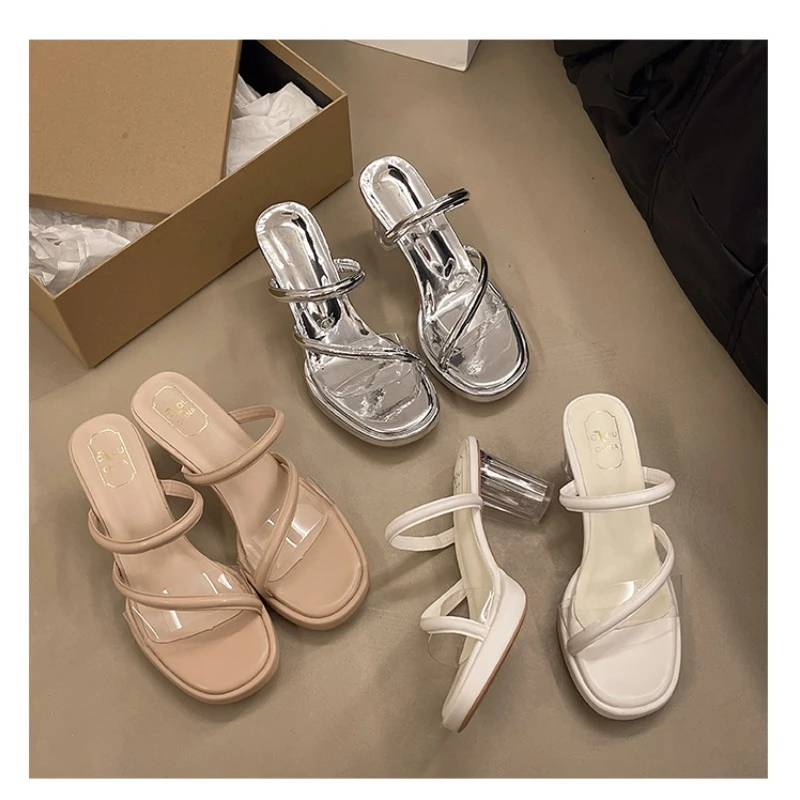 Summer New Fashion Temperament Open-toe Crystal Slippers Women's Transparent One-word belt Outerwear High-heeled shoes trend