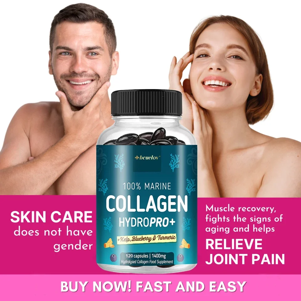 Hydrolyzed Marine Collagen - Contains Kelp, Turmeric and Blueberry for Joints, Hair, Skin, Nails, Cartilage and Overall Health