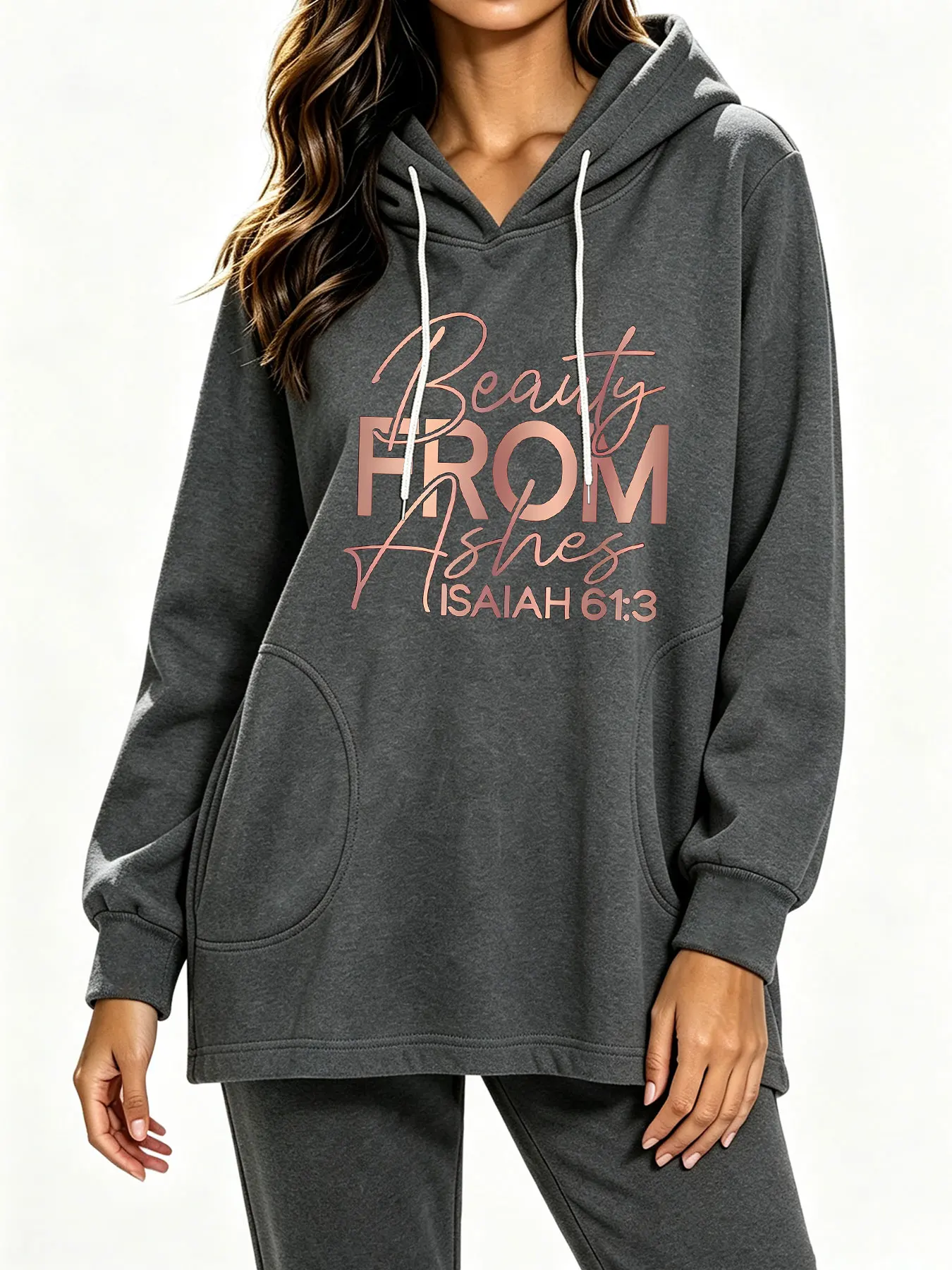 Beauty‑From‑Ashes Gold-stamped texture religious slogan printed loose drawstring hooded sweatshirt, women's clothing