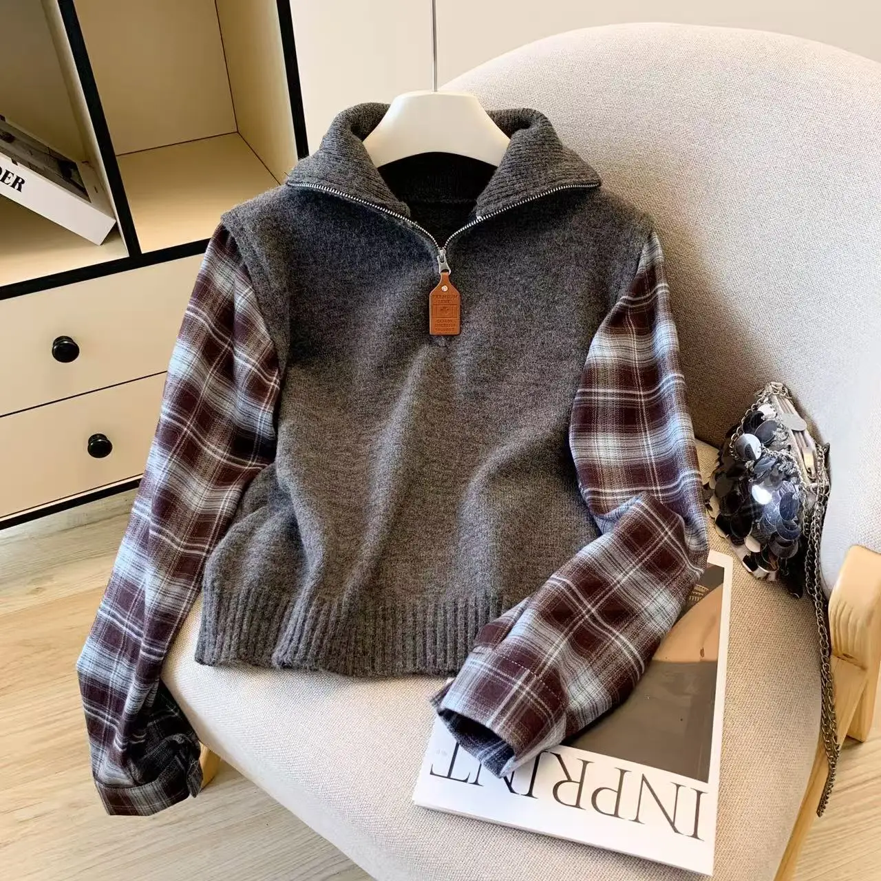 

Корейский свитер в клетку в стиле ретро, искусственный двухсекционный свитер с воротником-стойкой на молнии, повседневный женский трикотаж на весну, осень и зиму