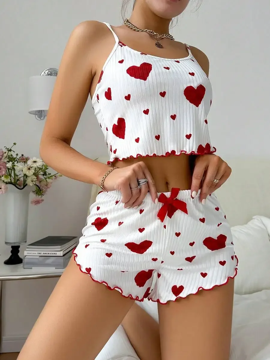 2024 Women\'s Pajamas Set Cami Trousers Sleepwear suit Sleeveless Sexy Top Heart Print Pyjama Loungewear Outwear Summer Lingerie