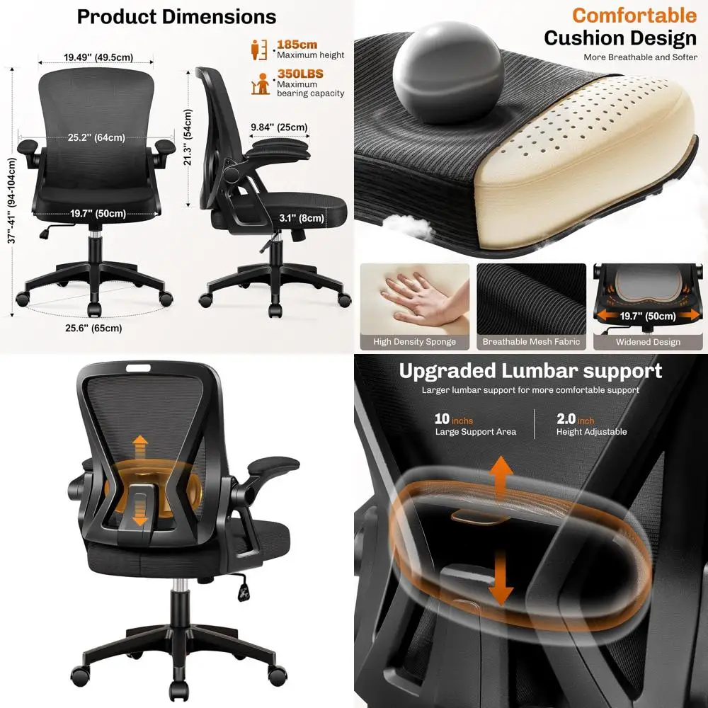 

Ergonomic Breathable Mesh Office Chair with Adjustable Lumbar Support and Flip-up Arms for Home Office, Black