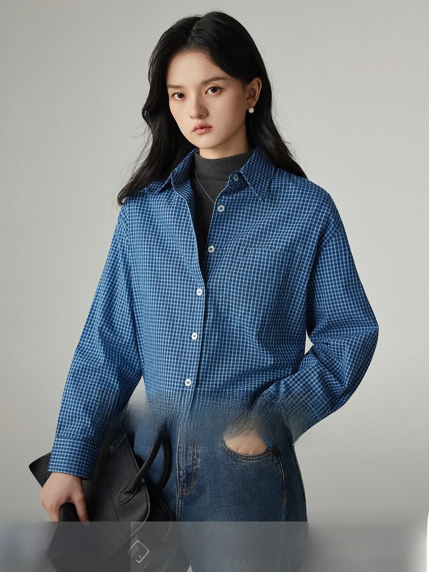 

Классическая синяя клетчатая женская весенне-осенняя винтажная клетчатая одежда Ele Sle, хлопковая длинная офисная одежда на пуговицах