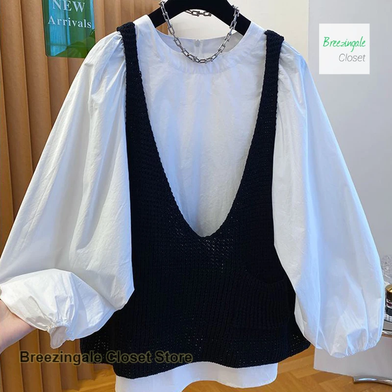 

French-style age-reducing knitted vest shirt two-piece top women's spring and autumn new loose stacking atmosphere to wear