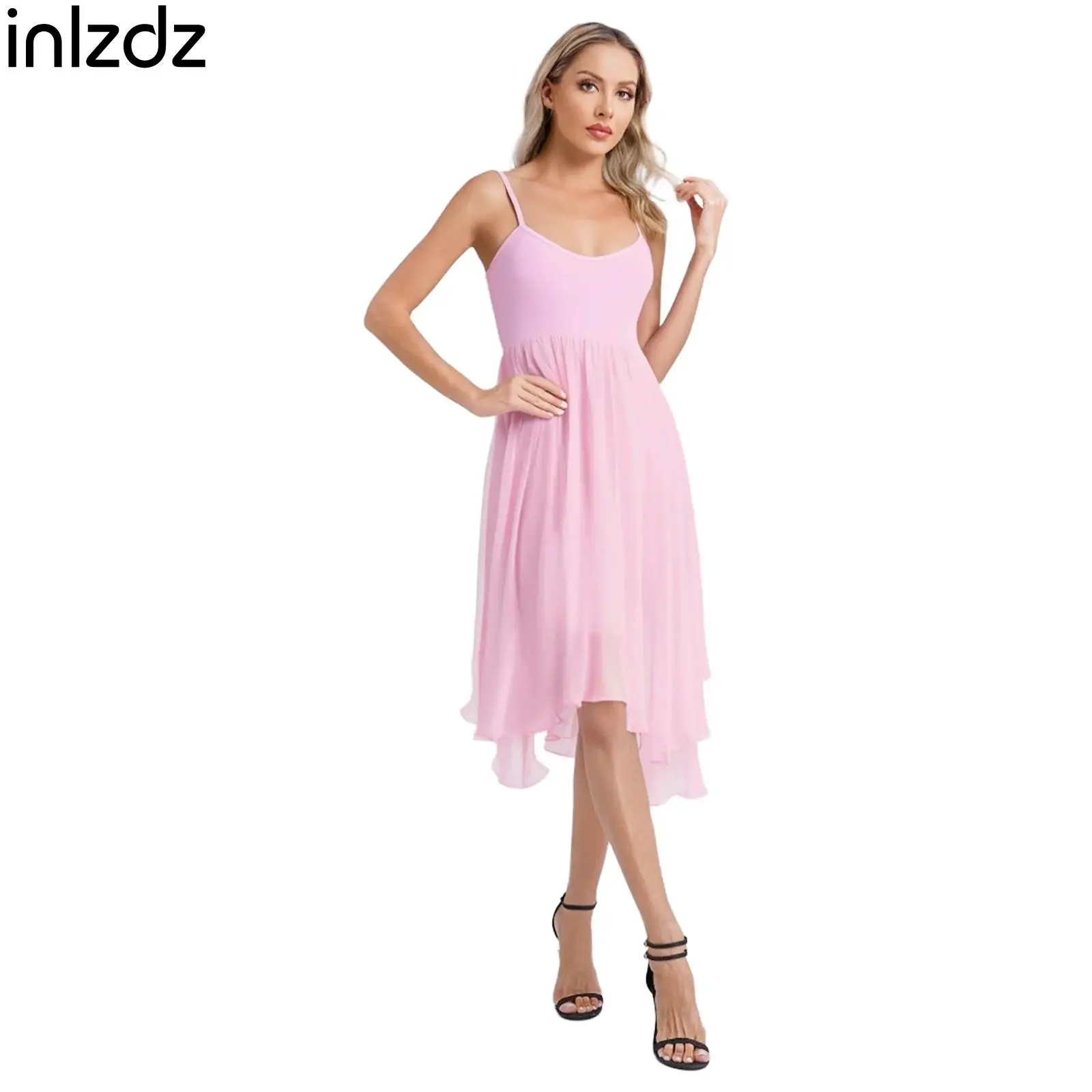 

2025 New Womens Ballet Dance Cami Dress One-piece Leotard with High-low Skirt Hem Dress Ballerina Dress for Praticing Performing