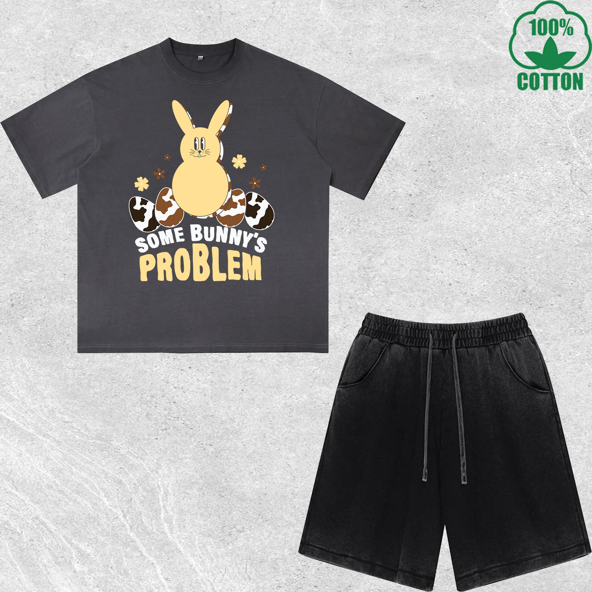 

Western Easter Rabbit Egg Printed Dirty Wash T-Shirt Shorts Set Multicolor Combo Loose Trendy Fashionable 100%Cotton