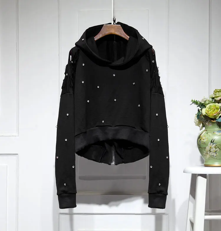 Fashion Trend American High Street Heavy Rhinestone Hooded Jacket Autumn New Zipper Loose Casual Top for Women