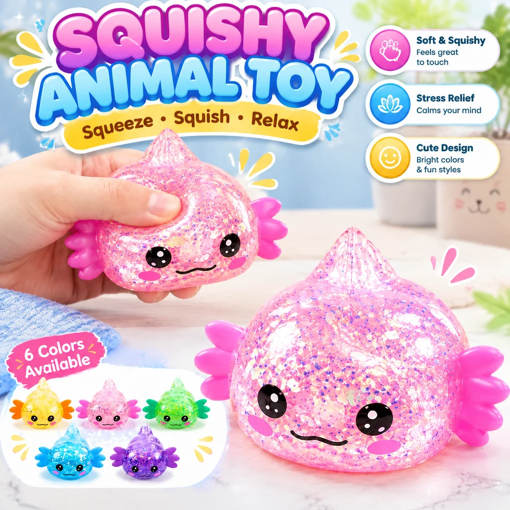Squishy Maltose Salamander Fidget Toy Colorful Sequin TPR Squeeze Stress Relief Funny Vent Decompression Toy for Kids Adults