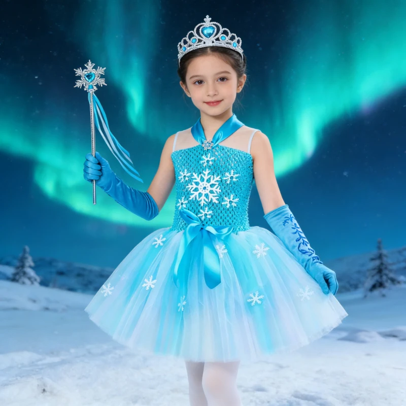 Girls Sky Blue Snowflake Princess Tutu Tulle Dress Fancy Dress Up Outfit for Kids Halloween Birthday Party Costume Clothes