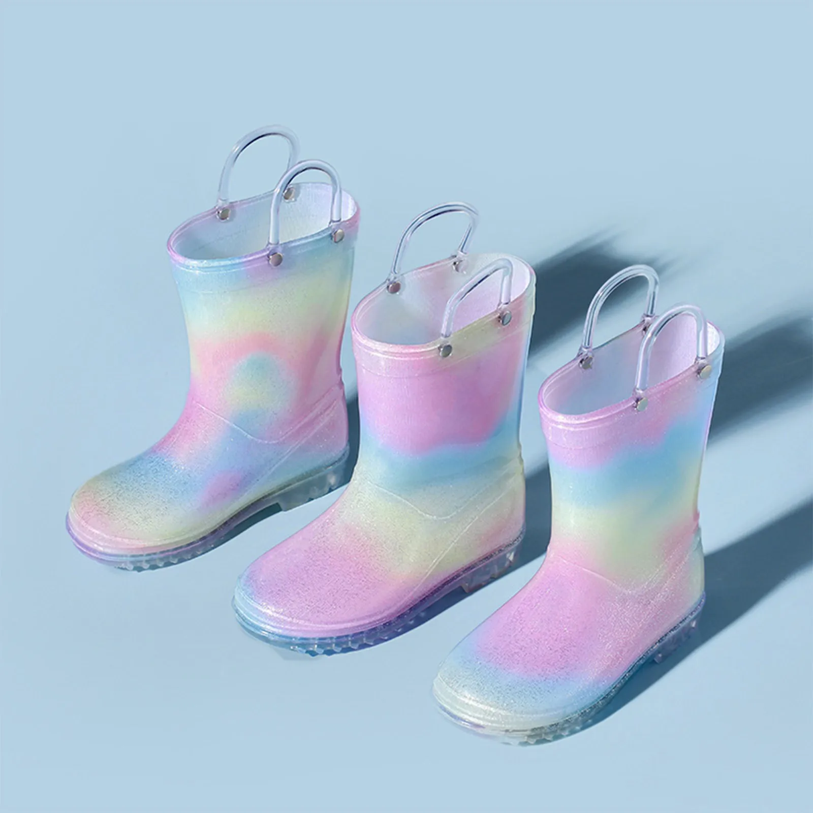 Kids Rainbow Rain Boots Clear Round Toe Flat Pull on Mid Calf Boot Luxury Designer WaterProof Jelly Soles Girls  Shoes