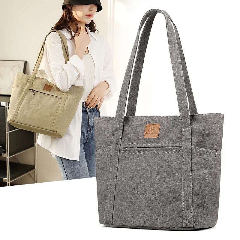 Yao Dong Bolso de mano de lona minimalista de gran capacidad, bolso de hombro versátil para mujer, bolso de compras informal para ir al trabajo