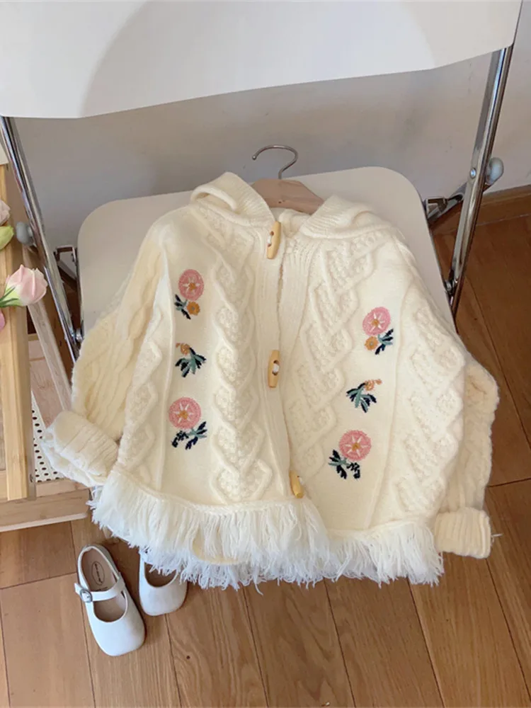 

Spring Autumn Baby Girl Knitted Hat Cardigan Long Sve Warmth Outerwear Floral Jaet Korean Sle Loose Fit round Ne But...