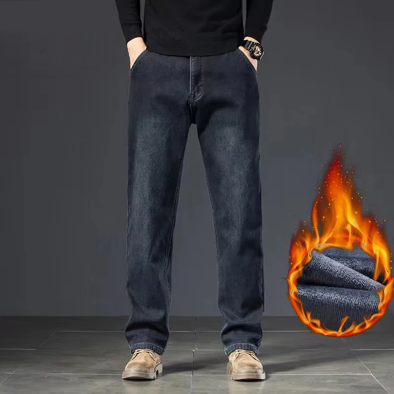 

New Winter Men's Velvet Nostalgic Straight Jeans High Quality Thickened Warm Fleece Denim Pants Male Brand Loose Trousers