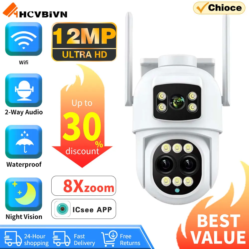 

12MP 6K Wifi Camera PTZ 8X Optical Zoom Three Lens Dual Screens Video Surveillance 8MP Dual Lens CCTV Security IP Camera ICSEE