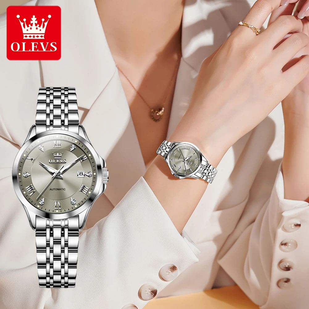 OLEVS women Watches Business Automatic Mechanical Watch For women Date Waterproof Stainless Stee Watch Bands Roman Numeral 6702