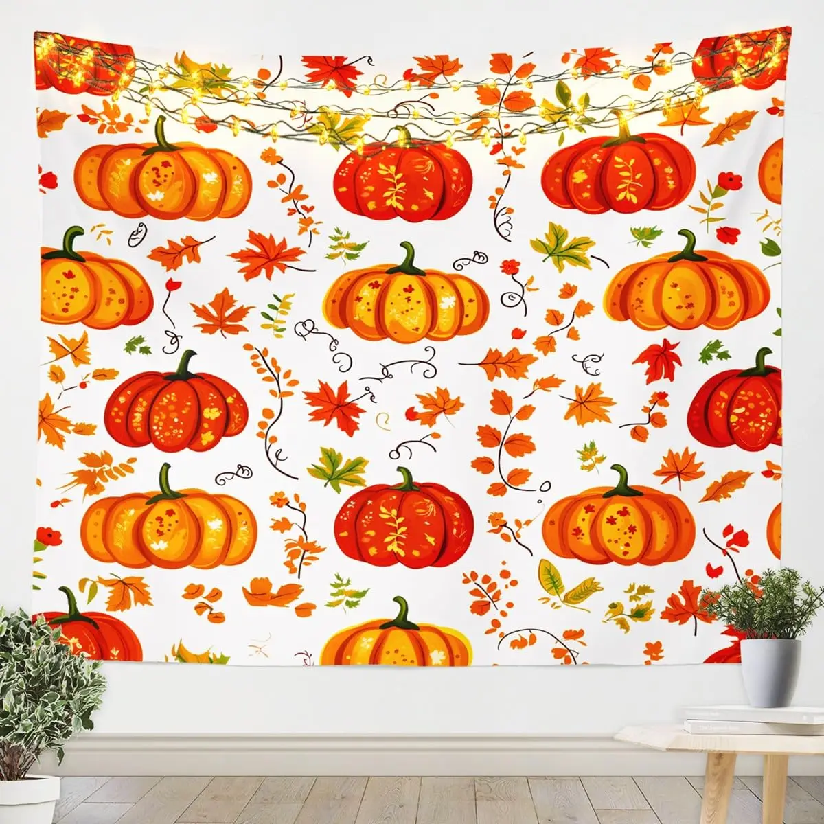 Vintage Pumpkin Tapestry Eucalyptus Leaves Tapestries For Girls Women Autumn Farmhouse Thanksgiving Fall Tapestry Wall Hanging