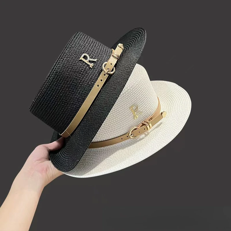 1pc Summer Sun Hats Flat Top Straw Gorras for Women New Metal R Letter Women's Bucket  Beach Hat Females Holidays Boater Hat 모자