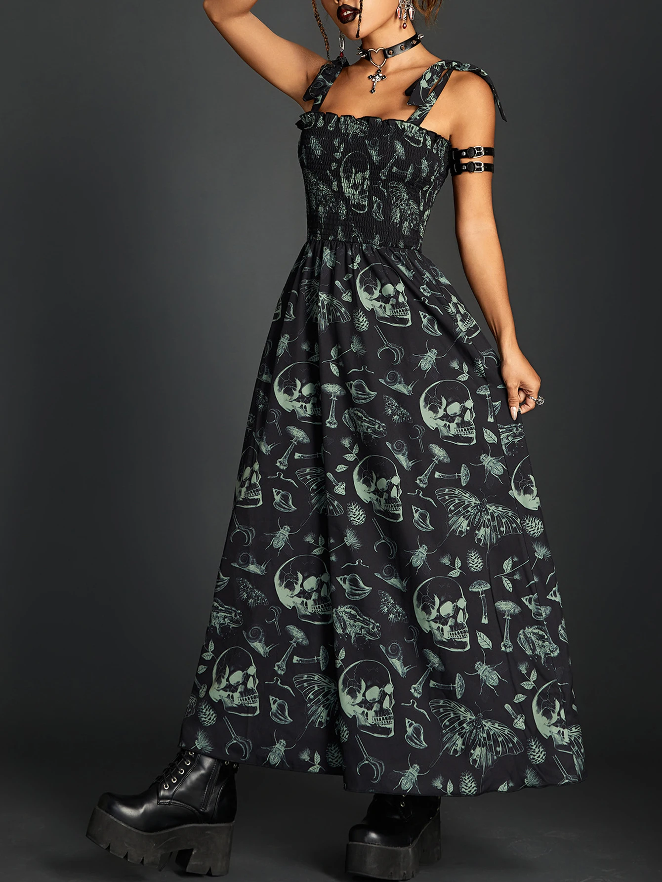 Goth Dark Fairy Grunge Y2k Aesthetic Skull Graphic Dresses Mall Gothic Shirring Lace Up Long Dress Punk A-line Slim Emo Clothing