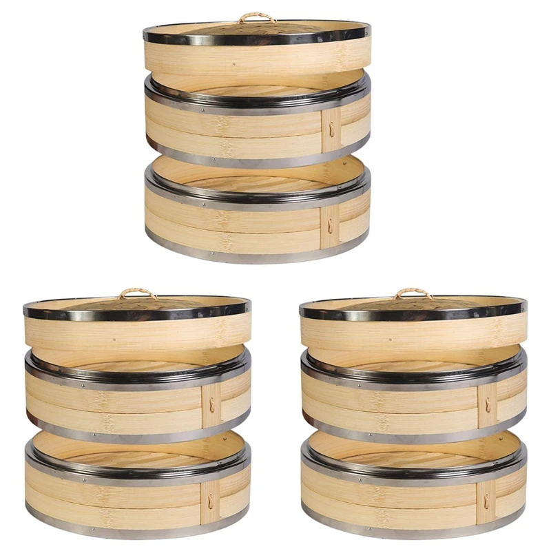 【NEW】3X 2 Tier Kitchen Bamboo Steamer With Double Stainless Steel Banding For Asian Cooking Buns Dumplings Fish Rice