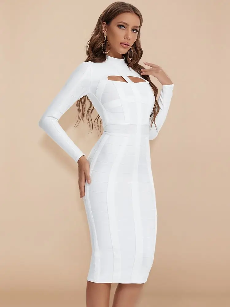 2024 New Fashion Women White Bodycon Bandage Dress Long Sleeve Sexy Hollow Out Night Club Celebrity Evening Party Prom Vestidos