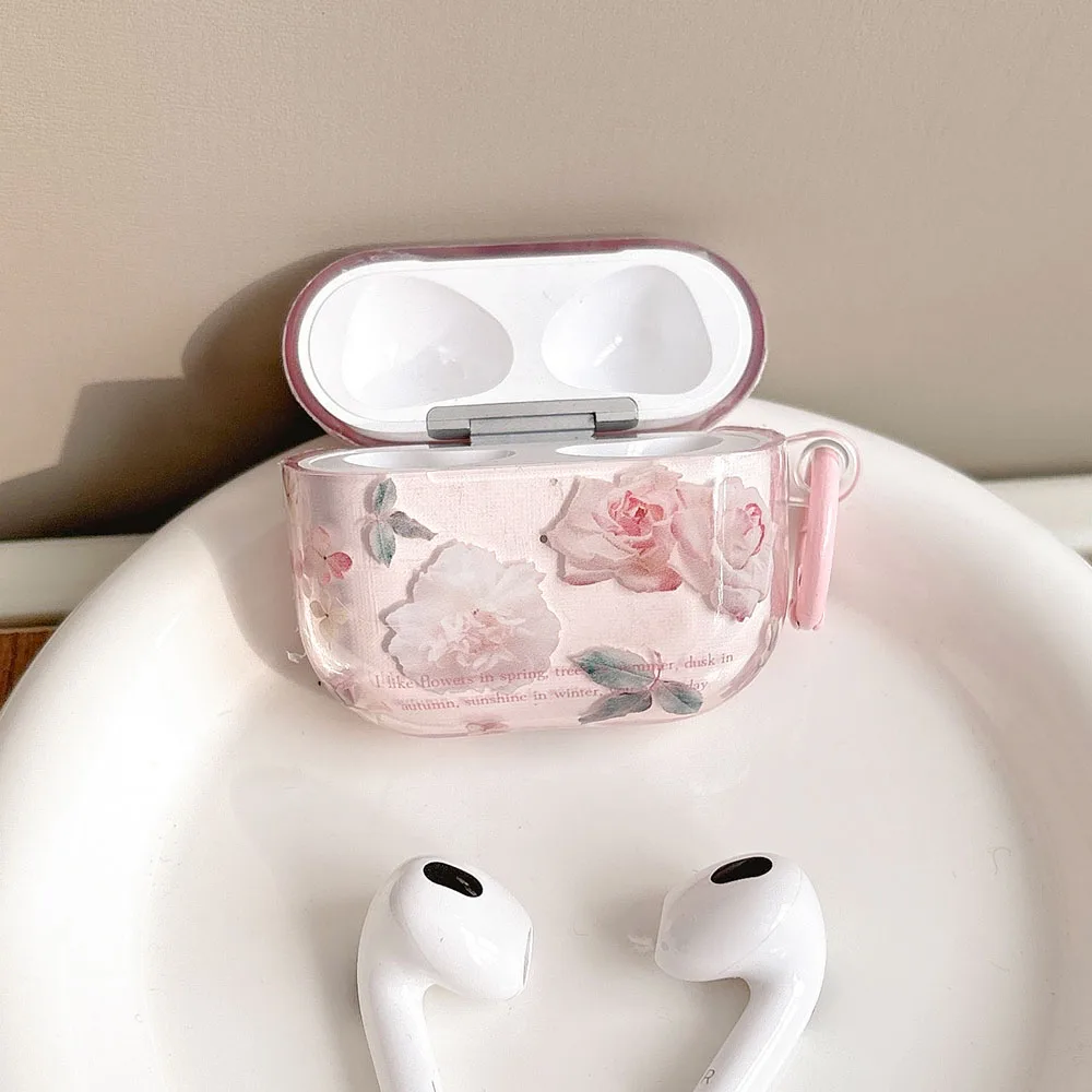 สีชมพูดอกไม้โปร่งใสดอกไม้หูฟังสําหรับ AirPods 4 ANC 1 2 3 Pro AirPod Pro2 นุ่มป้องกันพร้อมพวงกุญแจ funda