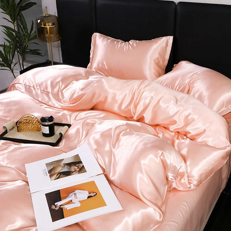 

2025 New Ice Rayon Duvet Cover with Pillowcase Set Solid Color Satin Smooth Comforter Cover Single and Double Size Bedclothes