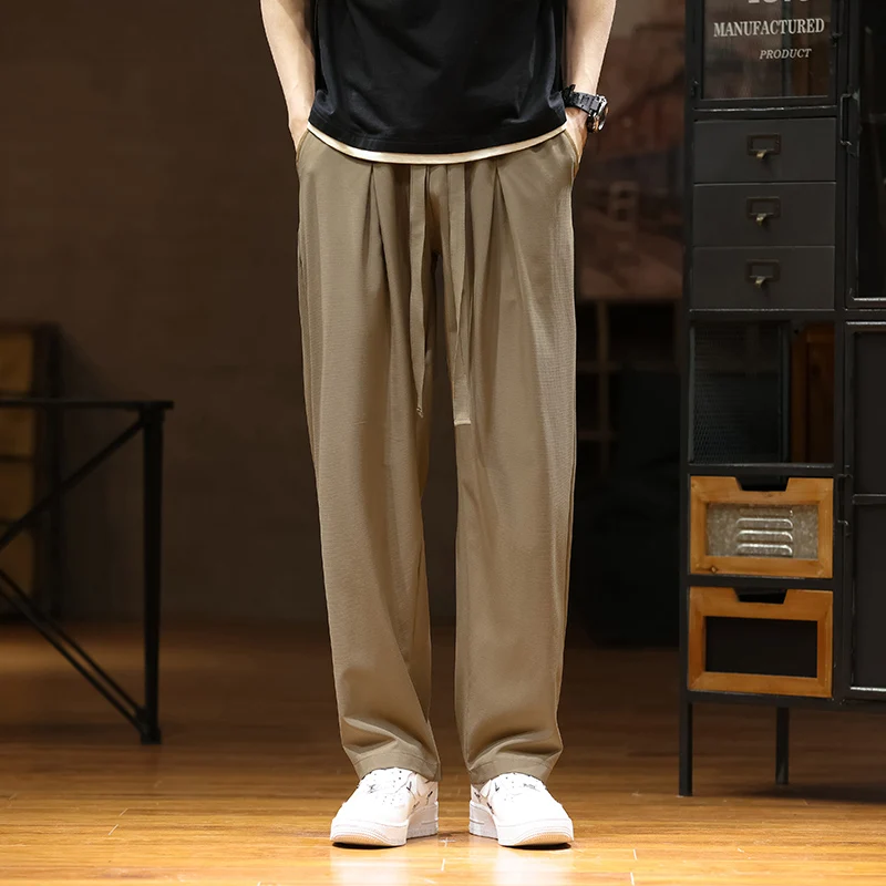 Trendy Brand Fashion Summer Men's Elastic Waist Drawstring Solid Color Thin Ice Silk Pocket Simplicity Loose Wide Leg Suit Pants