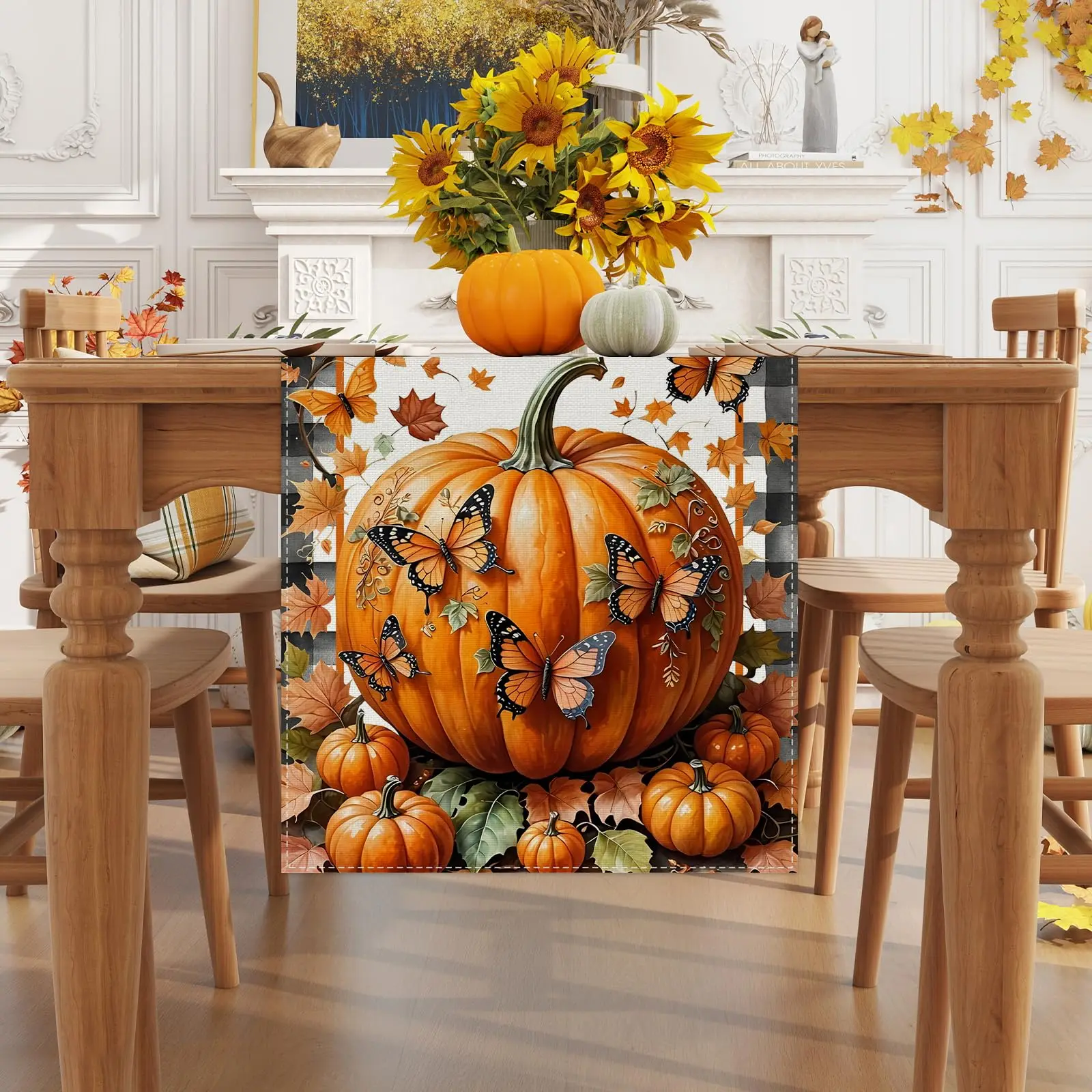 VIKAMA table runner - Linen Autumn Tablecloth With Autumn Leaves, Pumpkins And Butterflies For Home Kitchen Table Decoration