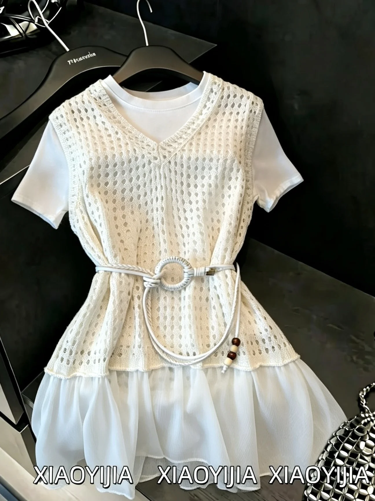 

Sweet Style Knitted Vest Short Sleeve T-Shirt Two-Piece Set Women Summer Design Sense Waist-Cinching Slimming Top