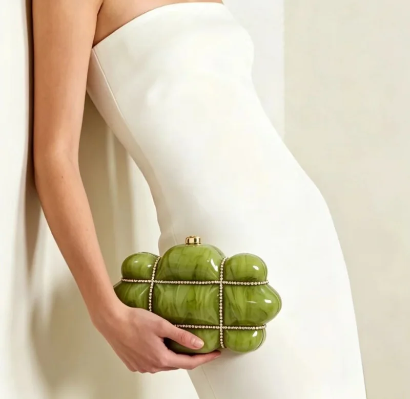 Acrylic Party Clutch Bag Rhinestone Cross Strap Evening Formal Handbag Olive Green Pearl color Purse For Women