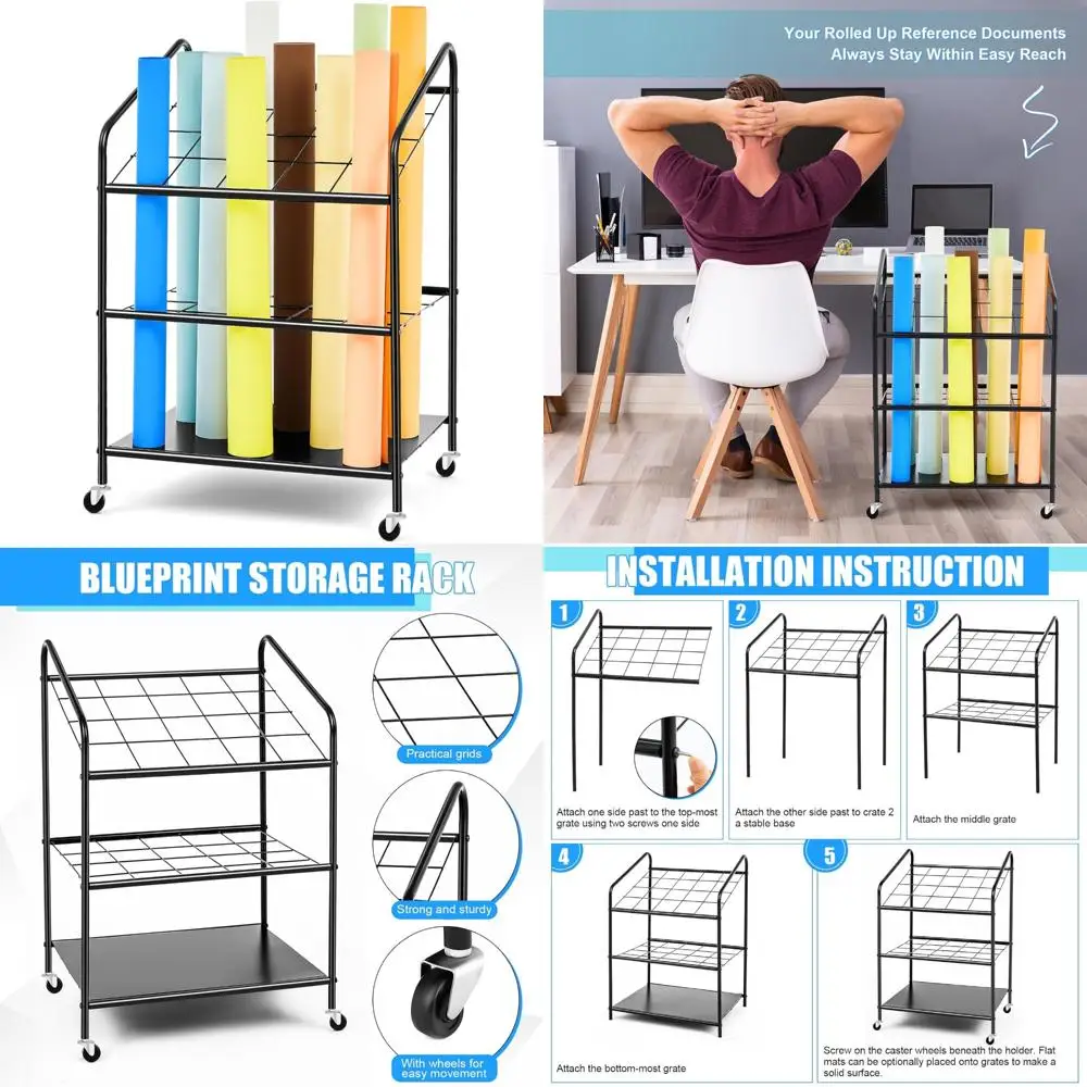 

Wire Roll File Holder Storage Cart with 20 Slots, Metal Blueprint Rack on Wheels, Paper Holder Cabinet for Blueprint Storage