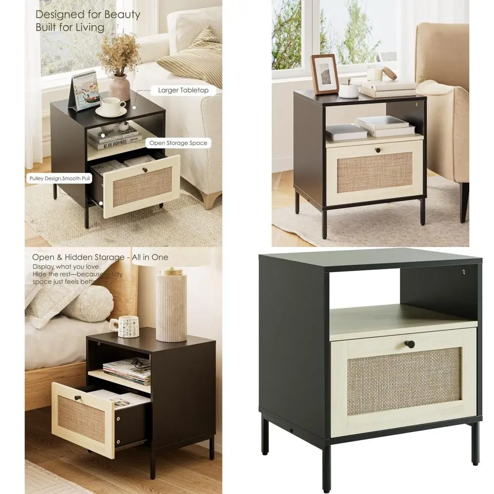 

Большая тумбочка из ротанга в стиле бохо с ящиком для хранения и полкой, современная прикроватная тумбочка для спальни, гостиной, офиса (черный)