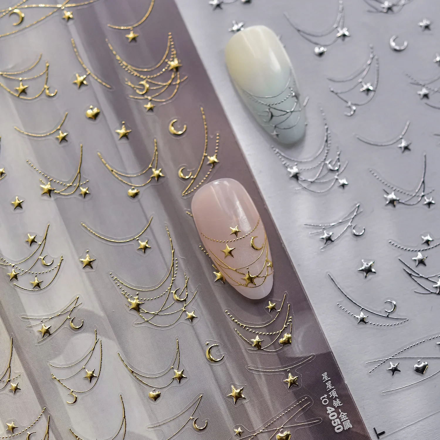 

2Pcs 5D French Star Moon Chains Nail Art Stickers Gold/Silver Curved Lines,Starlight Nails Slider Self-Adhesive Manicure Decal &