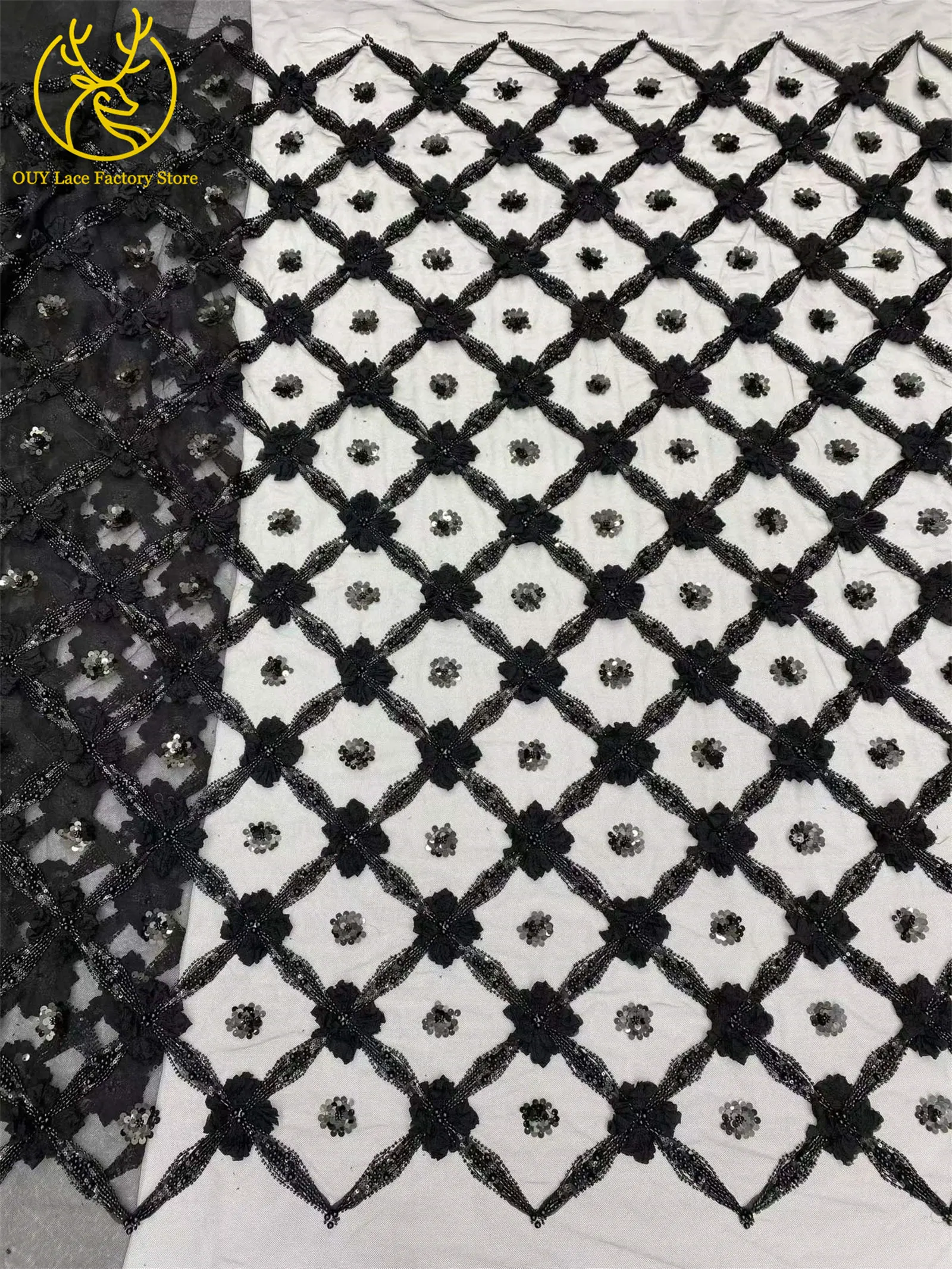 Eleganter, modischer nigerianischer 3D-Tüll-Pailletten-Spitzenstoff, hochwertiger afrikanischer Perlen-Spitzenstoff zum Nähen von Hochzeitskleidern, 5 Yards – Detail 16