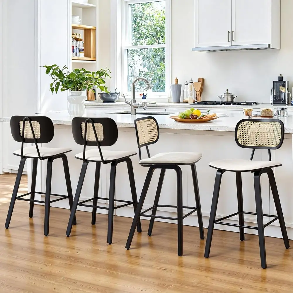 

Rattan Counter Height Bar Stools with Leatherette Seats, Set of 4, Black Bentwood Legs, White