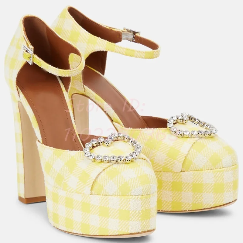 Satin Yellow Crystal Sweet Platform Pumps Round Toe Buckle Ankle Strap Chunky High Heels Sandals Women Party Lolita Dress Shoes