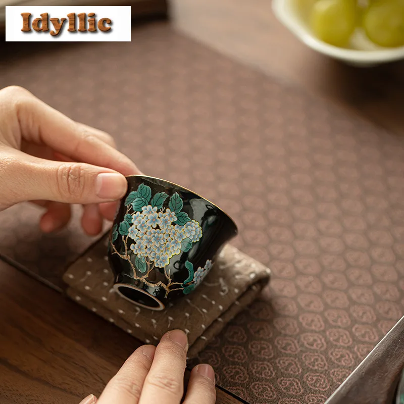Cloisonn É الأسود المزجج المطرزة الكرة زهرة فنجان الشاي الرجعية وعاء الشاي لطيف كوب الشاي تذوق كوب شخصي Jianzhan ماستر أكواب الشاي #6
