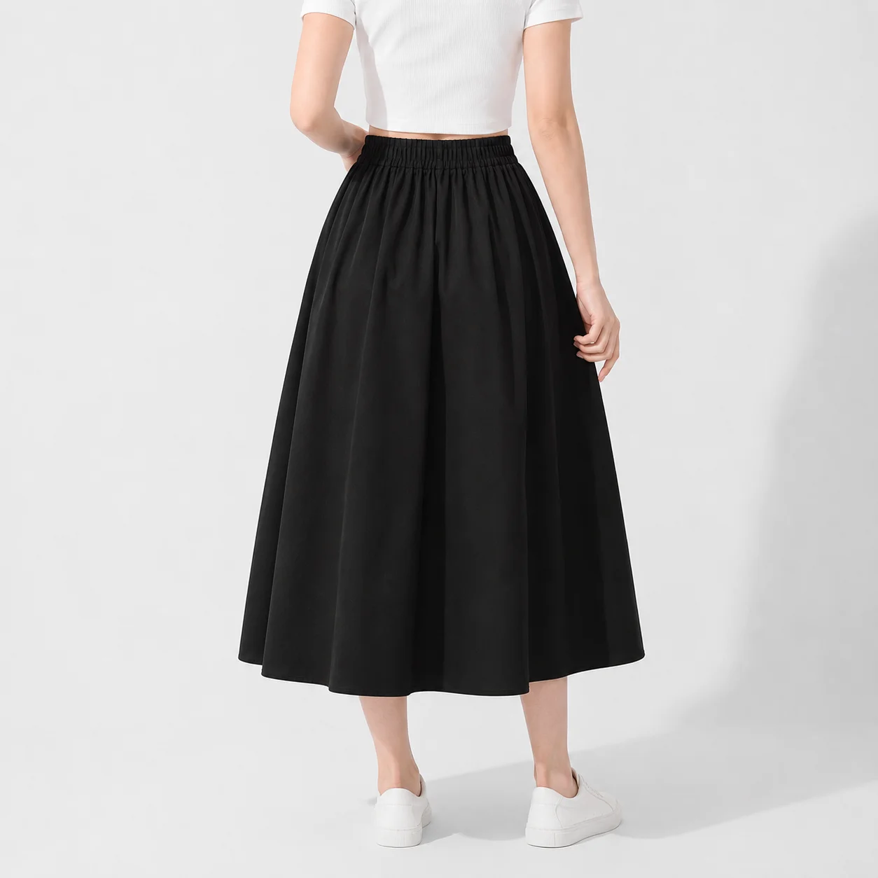 Women Summer High Waist A Line Midi Skirt Elastic Waist Button Casual Korean French Vintage Long Skirt