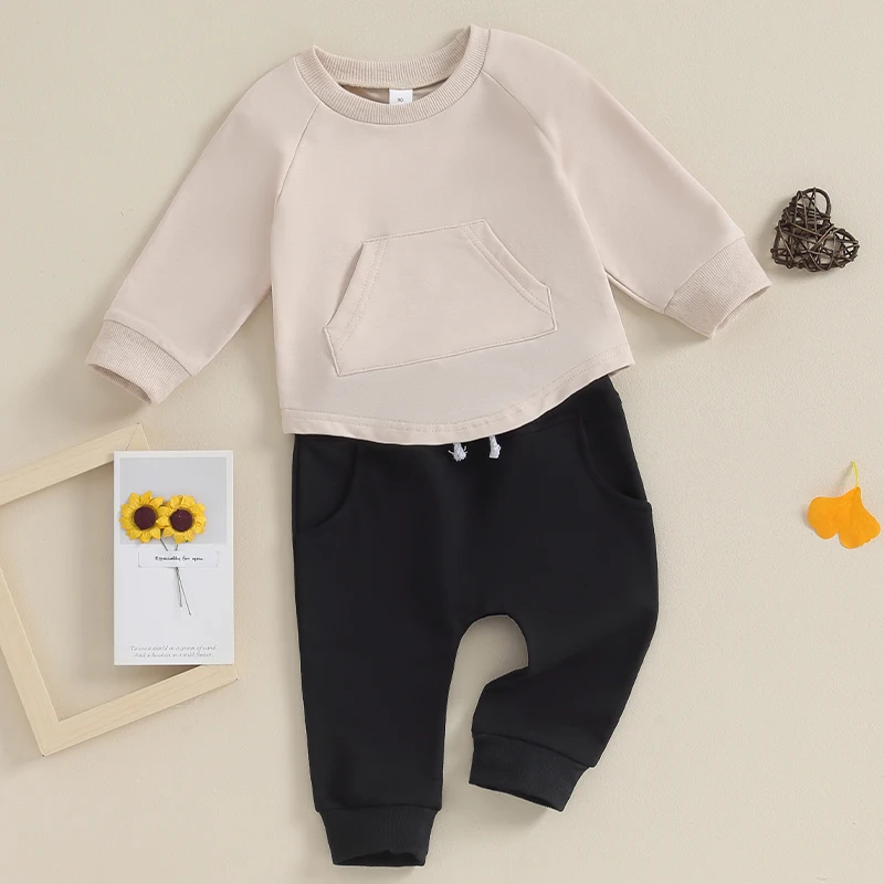 2023-10-17 Lioraitiin 0-3Y Toddler Baby Boy Girl Clothes Long Sleeve Solid Color Sweatshirt Elastic Pants Set  Outfit Tracksuit