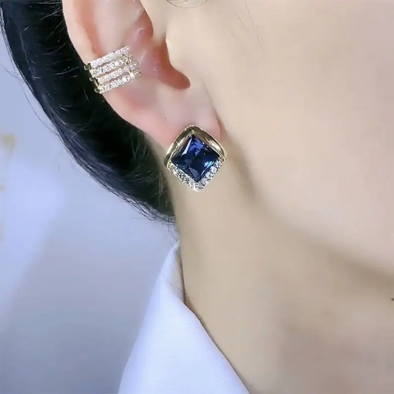 Subtle design sense Sophisticated feeling Light luxury  Exquisite French style Temperament Blue Crystal Square  Alloy Earring