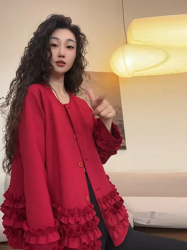 Design Sensation Wood Grain  Splicing Outerwear Popular This Year Women's New Top Beautiful Small Audience Open Cardigan