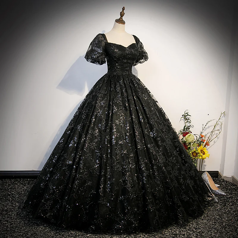 Y & M-Vintage Vestidos Quinceanera Preto, Luxo Beading Sequines, elegante Tulle Ball Gown, Faça Tamanho