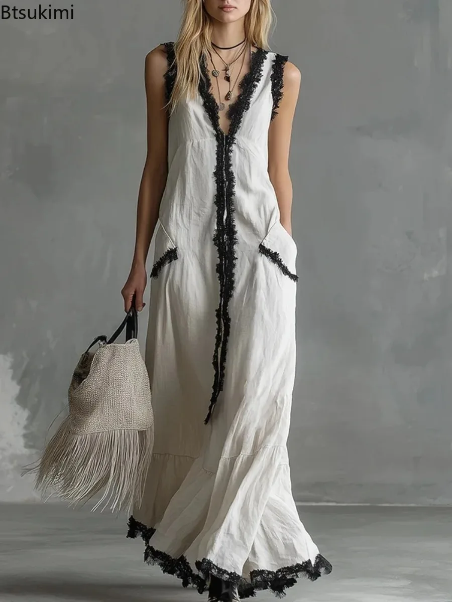 Neues Damen Casual A-Linien Maxikleid mit Spitzeneinsatz, Rüschen, Ärmellos, Rückenfrei, Sommer-Strandkleid, Locker Geschnitten, V-Ausschnitt, Taschen, Langes Kleid