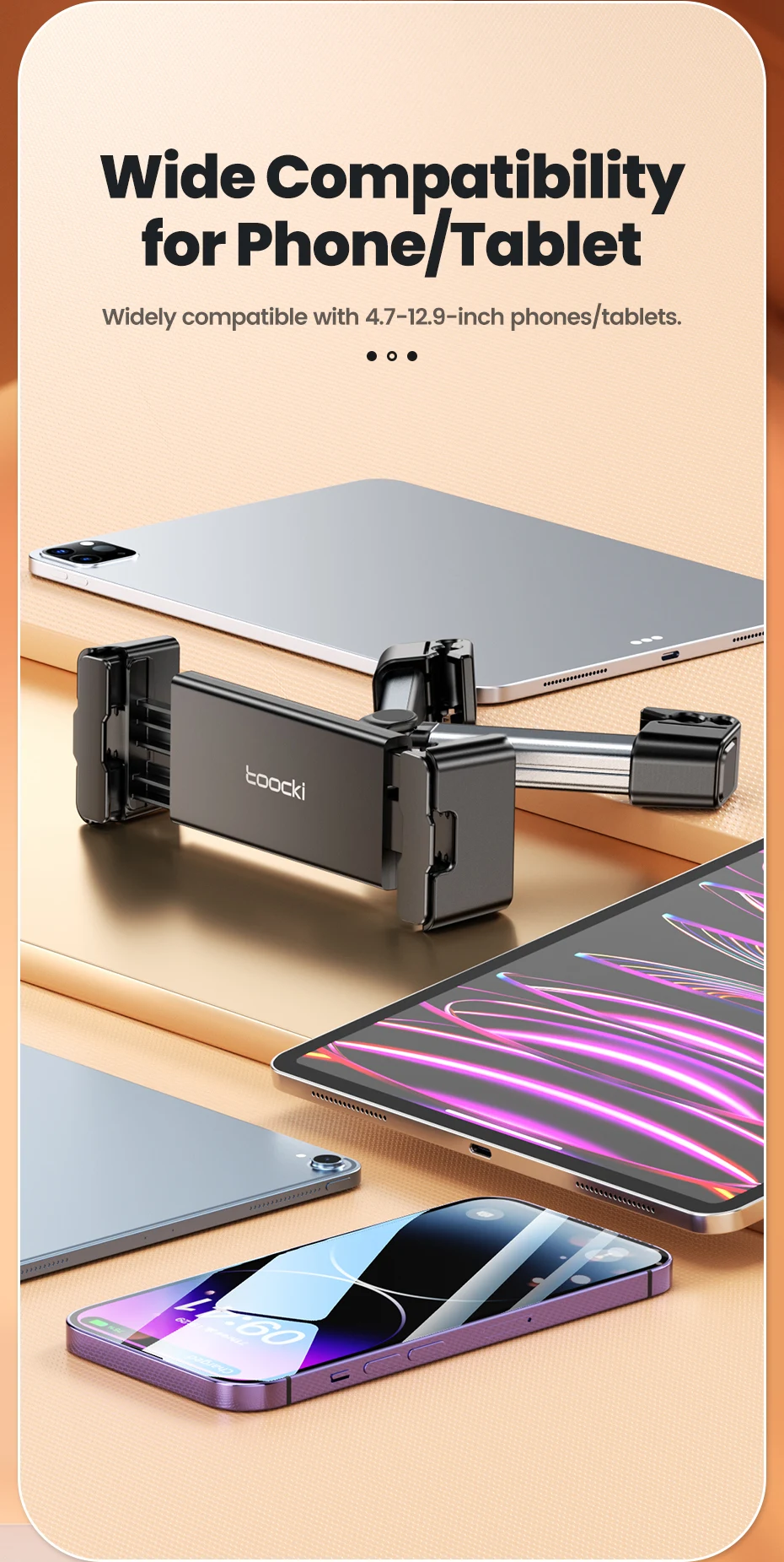 Toocki 360 ° Auto-Rücksitz-Handyhalterung mit Gleitschienen-Design, Tablet-Ständer für Kopfstützenmontage, 4,7-12,9 Zoll – Detail 7