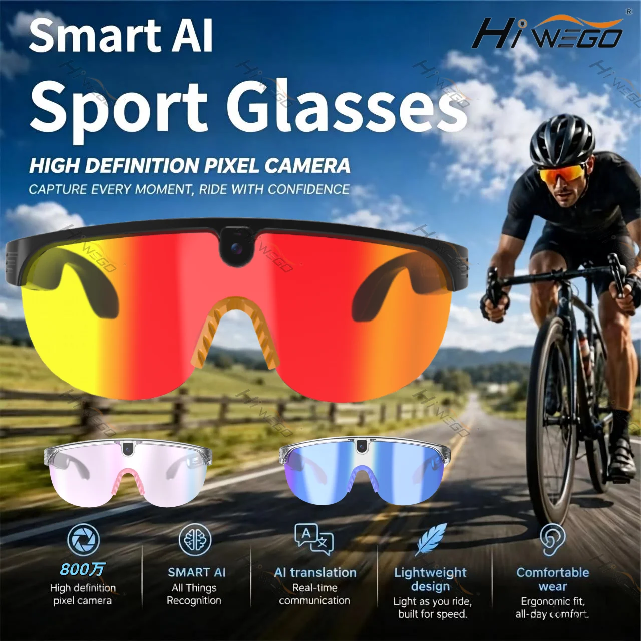 Nouvelles lunettes de sport intelligentes AI 2026 pour la prise de vue et l'enregistrement, caméra 800W HD, anti-vibration, accessoire de prise de vue pour le cyclisme, lunettes de protection contre le vent