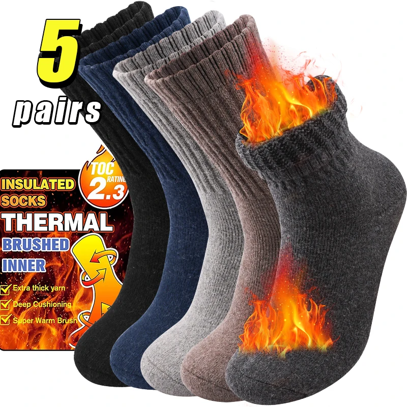 5Pairs Winter Men's Merino Wool Socks Super Thicken Thermal High Quality Soft Snow Socks Sports Terry Loop Socks Outdoor Hiking