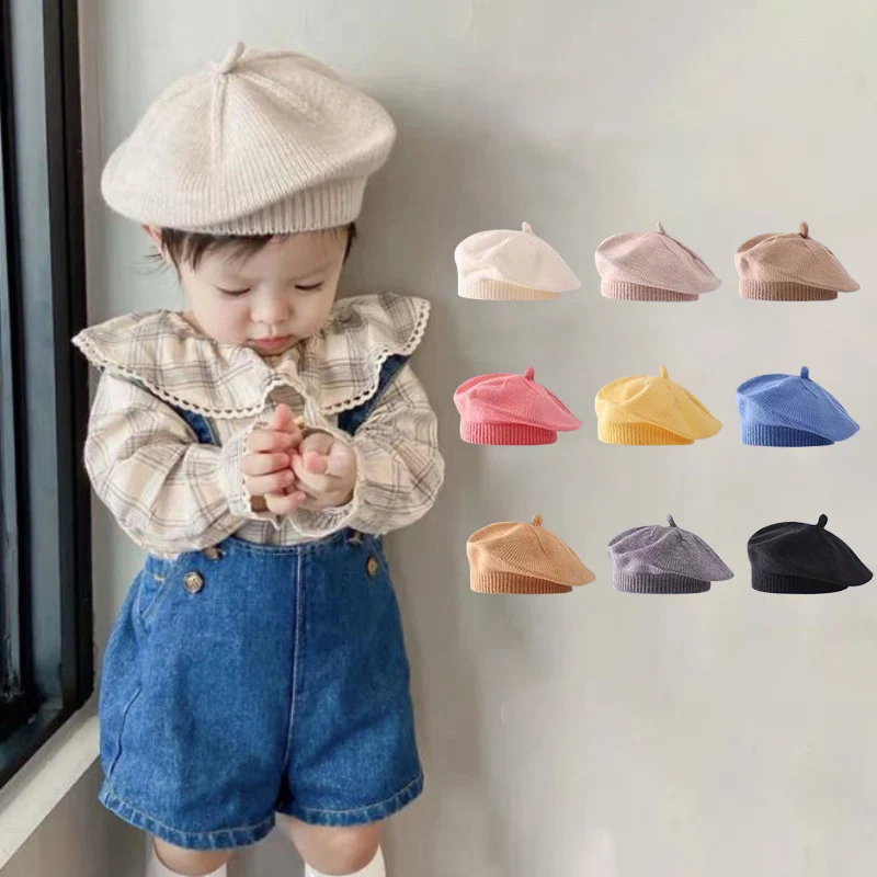 Fashion Cute Baby Knitted Beret Hat Solid Color Children's Warm Hats Autumn Winter Cap For Kids Outdoor Bonnet Accessories Gift image 2