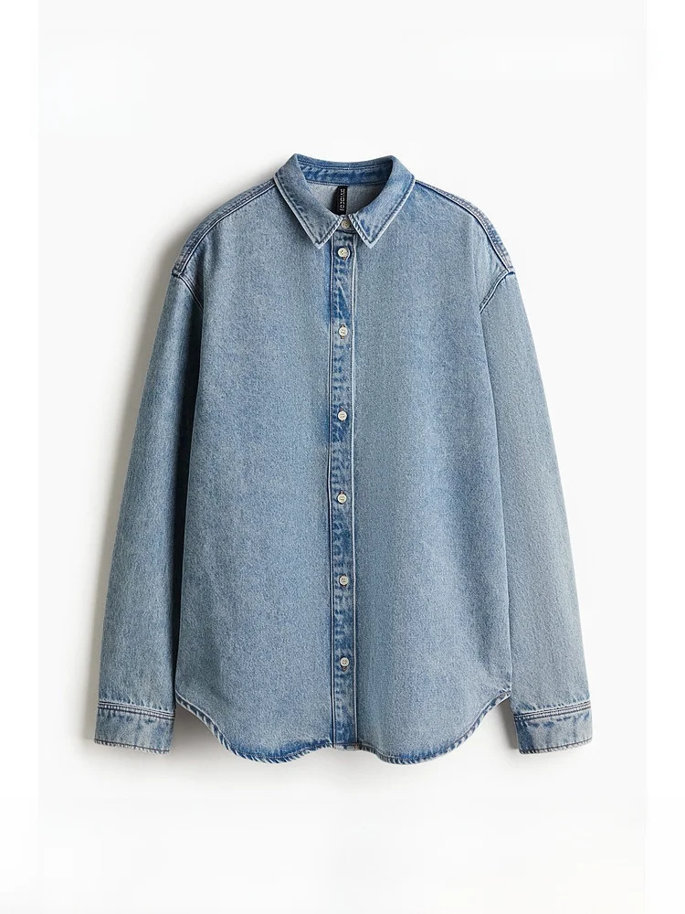

Summer New Women's Loose Denim Shirt HM2026 Casual Style Long Sleeve Cotton Blend Button Front Pure Color Big Shape Design