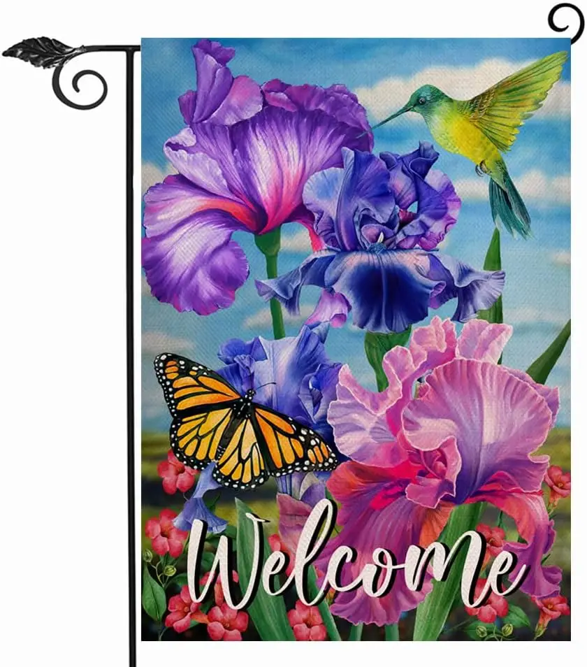 Hzppyz Welcome Spring Hummingbird Iris Garden Flag Double Sided, Purple Flower Bird Yellow Decorative House Yard Outdo